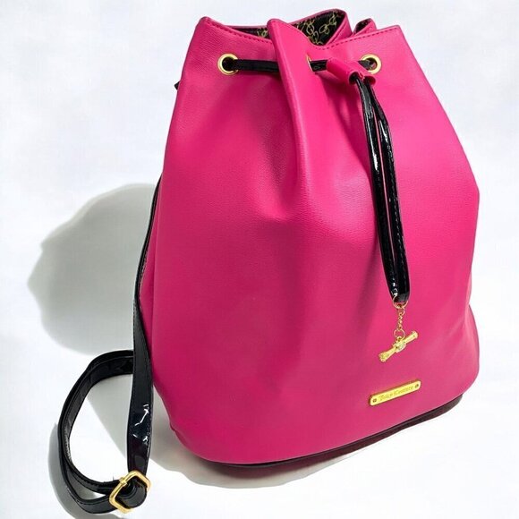 Juicy Couture Hot Pink & Black Drawstring Backpack Faux Patent Leather 12\
